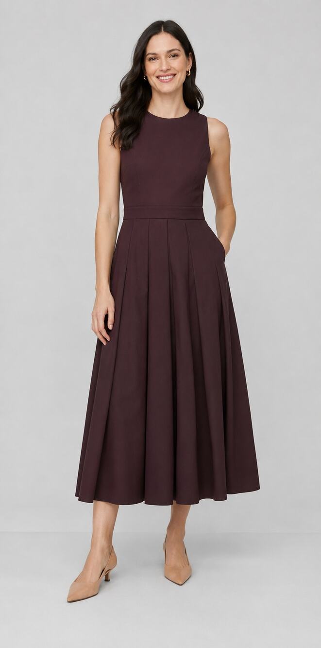 Ann Taylor Crew Neck Pleated Midi Dress Classic Burgundy Womens Size 4 Petite